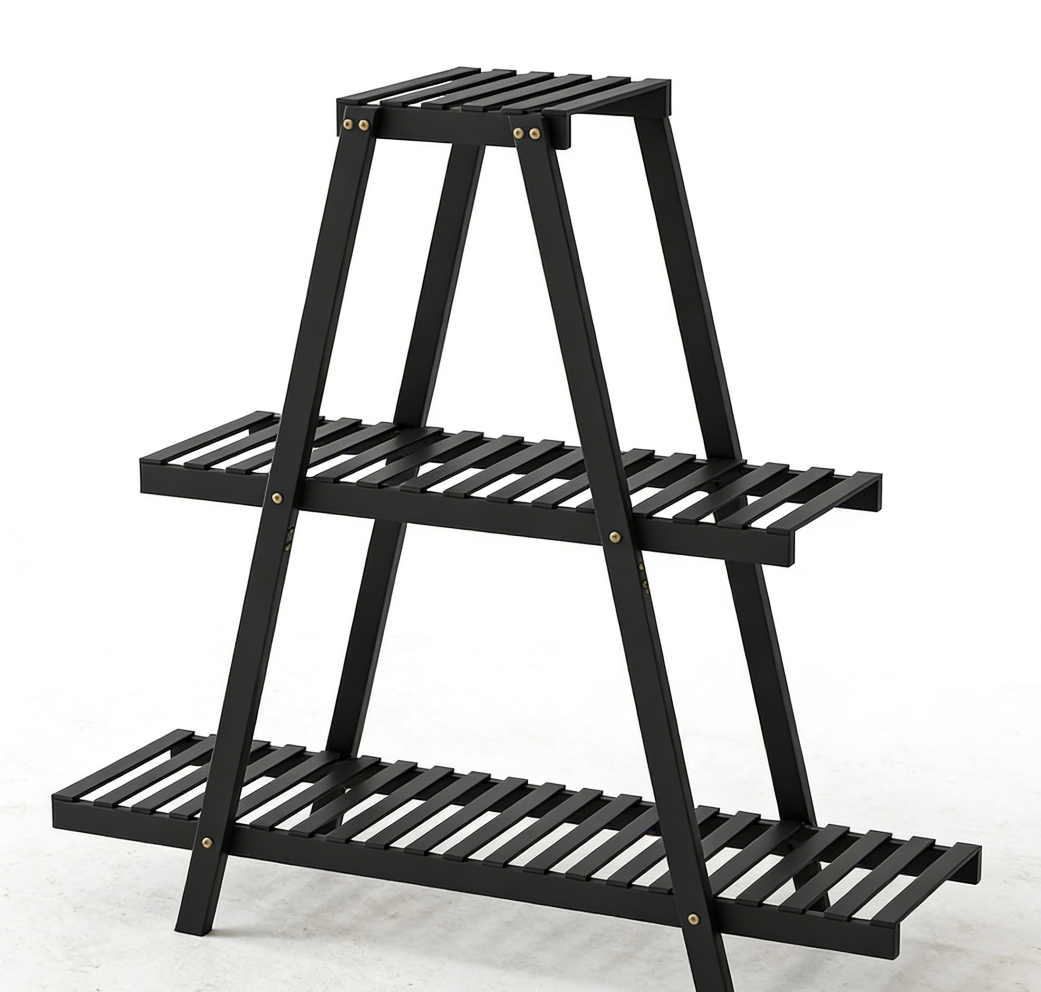 Bamboo Ladder Plant Stand with Black Flower Pot Holder (set of 5) - Image 2