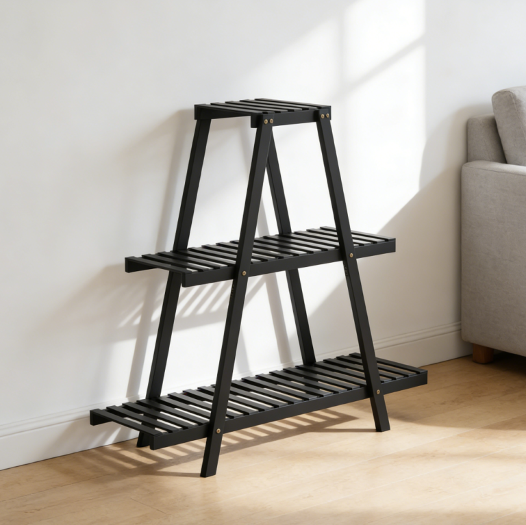Bamboo Ladder Plant Stand with Black Flower Pot Holder (set of 5)