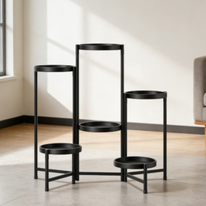 Collapsible Metal Plant Stand with Vertical Design and Black Flower Pot Trays (set of 5)