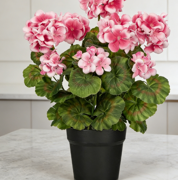 41cm Realistic Faux Geranium Pot (Pink & White)