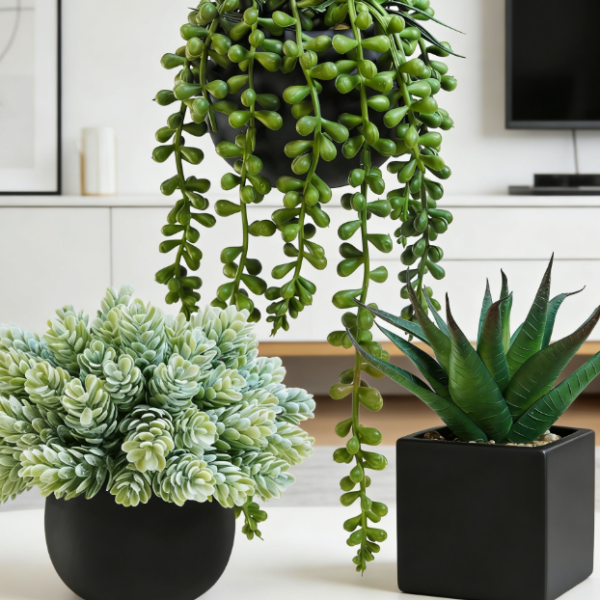 3-Piece Set: Faux Succulents in Black Concrete Pots