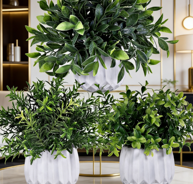 3-Piece Set: Faux Greenery in White Geometric Pots - Image 2