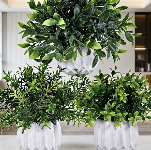 3-Piece Set: Faux Greenery in White Geometric Pots