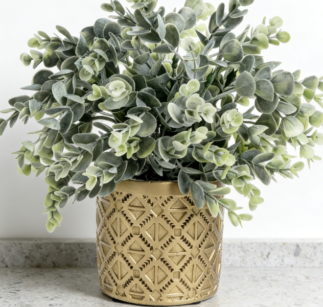 Faux Eucalyptus Pot in Grey Geometric Pot - Image 2