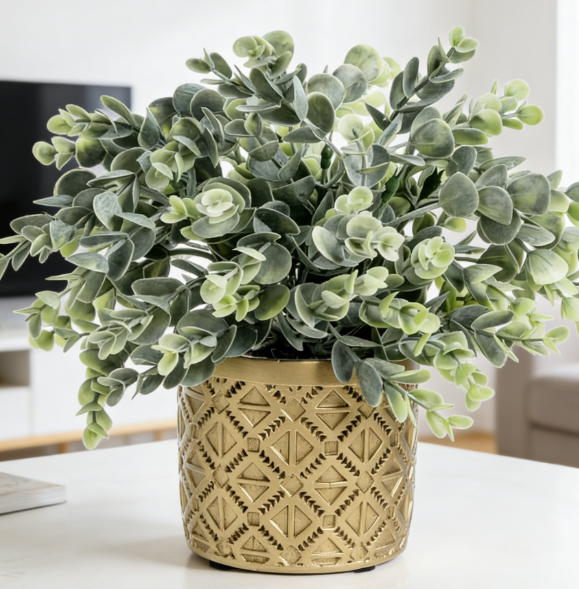 Faux Eucalyptus Pot in Grey Geometric Pot