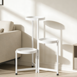 Collapsible Metal Plant Stand in White with Integrated Trays for Flower Pots (set of 5)