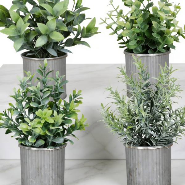 4-Piece Set: Mini Faux Plants in Iron Pots