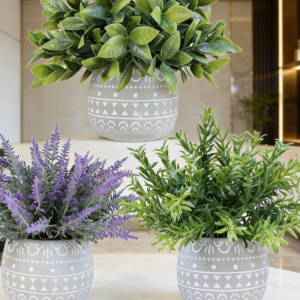3-Piece Set: Faux Plants in Grey Geometric Pots