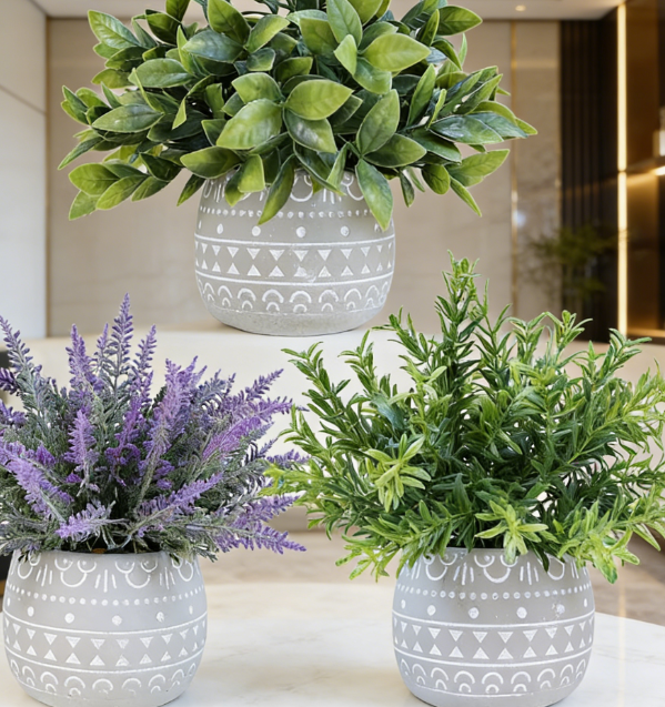 3-Piece Set: Faux Plants in Grey Geometric Pots