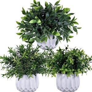 3-Piece Set: Faux Greenery in White Geometric Pots