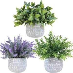 3-Piece Set: Faux Plants in Grey Geometric Pots