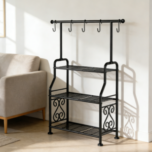 Tall Metal Plant Stand with Hooks for Flower Pots in Black (set of 5)